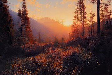 sunrise in the forest painting AI