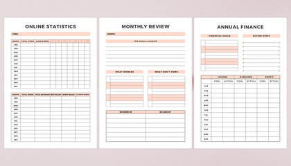 Minimalist planner pages templates. Printable Life & Business Planner Set. Life and business planner. Printable Page Online Statistics, Monthly Review, Annual Finance.
