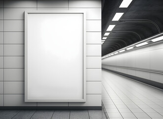 Blank white digital billboard silver frame light box in empty subway train station, open poster advertisement on tile wall background for mockup, design, display, marketing