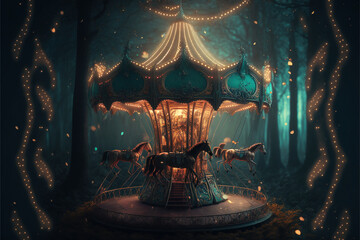 magical carousel in enchanted forest - obrazy, fototapety, plakaty