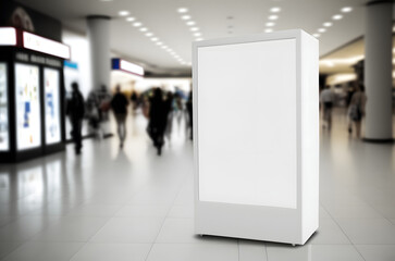 Blank white digital mall kiosk billboard, empty light box advertisement in crowded shopping area for mockup, design, display, marketing