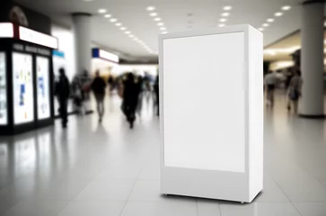 Deurstickers Blank white digital mall kiosk billboard, empty light box advertisement in crowded shopping area for mockup, design, display, marketing © KP Designs