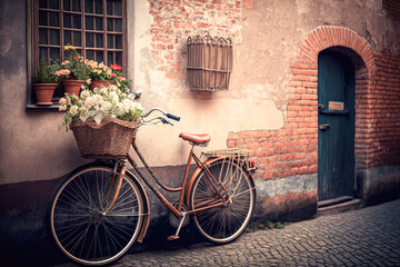 Fototapeta na wymiar A vintage bicycle with a basket of flowers parked against an old brick wall in a charming European city, illustration - Generative AI