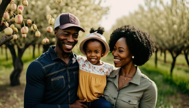 Beautiful Portrait of African American family smiling at a Community Orchards in beautiful springtime : A Celebration of Happiness and Nature's Beauty (generative AI)
