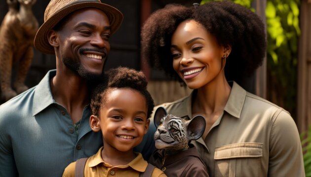 Beautiful Portrait of African American family smiling at a Science Museums and Zoos with Outdoor Exhibits in beautiful springtime : A Celebration of Happiness and Nature's Beauty (generative AI)