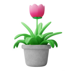 Small cute cartoon style colorful plant with blooming flower in gray pot for home interior decoration, 3D rendering illustration with transparent background.