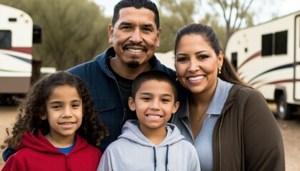 Beautiful Portrait of Hispanic family smiling at a Campsites and RV Parks in beautiful springtime : A Celebration of Happiness and Nature's Beauty (generative AI)