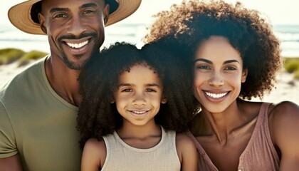 Fototapeta premium Beautiful Portrait of Multiracial family smiling at a Beach in beautiful springtime : A Celebration of Happiness and Nature's Beauty (generative AI)