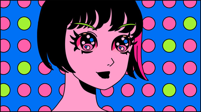 Pop art style illustration of an anime woman with bob haircut.  Poster or t-shirt print template with Japanese text "Happy Birthday".