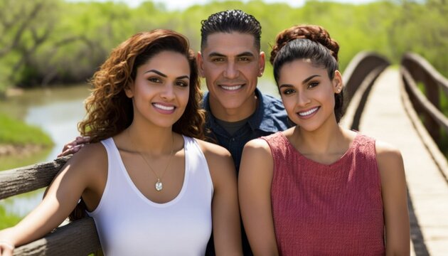 Beautiful Portrait of Hispanic family smiling at a Riverside or Canal Walkways in beautiful springtime : A Celebration of Happiness and Nature's Beauty (generative AI)