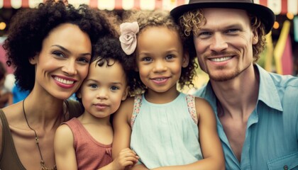 Obraz premium Beautiful Portrait of Multiracial family smiling at a Festivals and Fairs in beautiful springtime : A Celebration of Happiness and Nature's Beauty (generative AI)