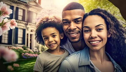 Fototapeta premium Beautiful Portrait of Multiracial family smiling at a Historic Homes and Landmarks in beautiful springtime : A Celebration of Happiness and Nature's Beauty (generative AI)
