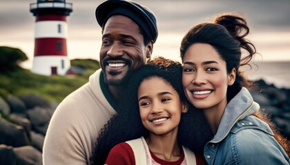 Beautiful Portrait of Multiracial family smiling at a Lighthouses in beautiful springtime : A Celebration of Happiness and Nature's Beauty (generative AI)