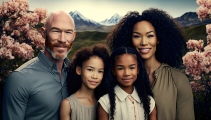 Beautiful Portrait of Multiracial family smiling at a Mountainous Areas in beautiful springtime : A Celebration of Happiness and Nature's Beauty (generative AI)