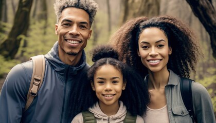 Beautiful Portrait of Multiracial family smiling at a Nature Preserves and Hiking Trails in beautiful springtime : A Celebration of Happiness and Nature's Beauty (generative AI)
