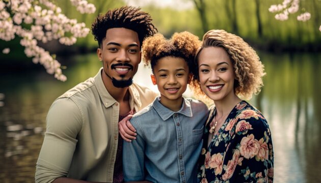Beautiful Portrait of Multiracial family smiling at a Lake in beautiful springtime : A Celebration of Happiness and Nature's Beauty (generative AI)