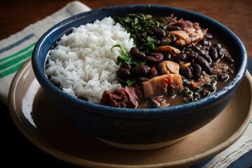 tradicional feijoada brasileira com linguiça, porco, bacon, arroz e feijão preto. GENERATIVE AI