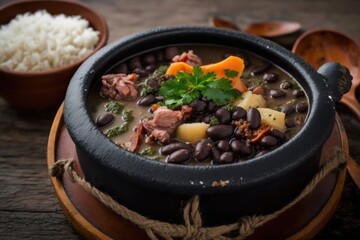 tradicional feijoada brasileira com linguiça, porco, bacon, arroz e feijão preto. GENERATIVE AI