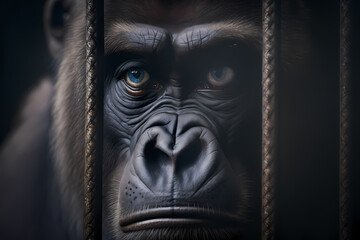 Portrait of monkey gorilla behind bars in lattice cage. Concept Unlawful smuggling of exotic animals, illegal zoo. Generation AI