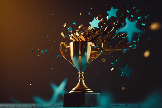 Champion golden trophy with gold stars on blue dark background. Generation AI