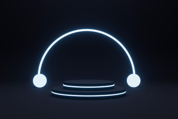 Empty podium with line gradient neon ring on background. 3d render. illustration with abstract scene with neon frame