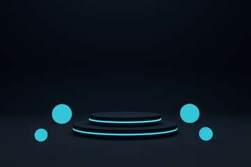 Cylinder podium with blue neon lights on ring background. Concept of design for product display. Layout horizontal, 3d render