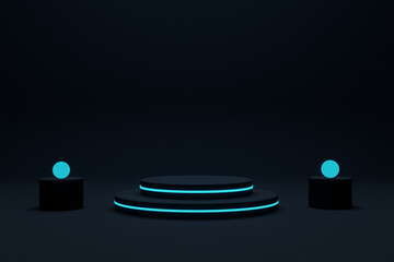 Cylinder podium with blue neon lights on ring background. Concept of design for product display. Layout horizontal, 3d render