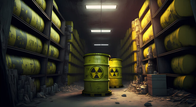 Abandoned Storage for Yellow barrels for radiation waste. Concept warehouse sump for spent nuclear atomic fuel of power plant. Generation AI