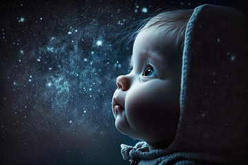 Cosmic baby child looking into the night galaxies and stars in awe, milky way all around, indigo child, beautiful night sky full of stars and wonder, close up portrait - obrazy, fototapety, plakaty