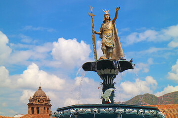 Fountain of Pachacuti, the Emperor of the Inca Empire, Landmark on Plaza de Armas Square in...