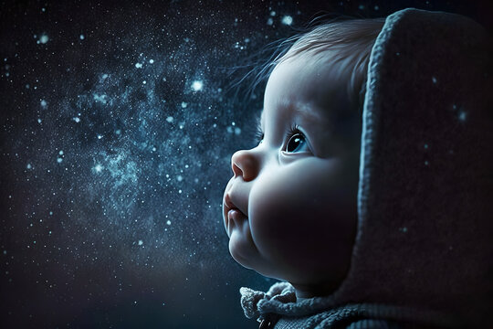 Cosmic baby child looking into the night galaxies and stars in awe, milky way all around, indigo child, beautiful night sky full of stars and wonder, close up portrait