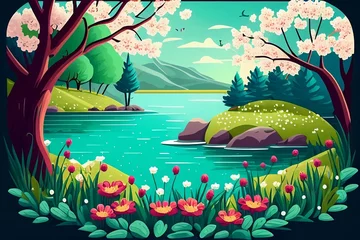 Zelfklevend Fotobehang landscape with tree and flowers flat illustration made with open ai © dirgananda