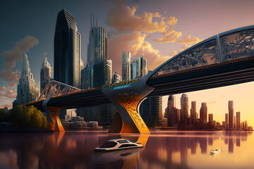 Amazing futuristic architecture of a modern city in asia, australia or the US. skyscrapers with amazing design, bridges with artistic flare, beautiful landscaped metropolis on the water, harbour - obrazy, fototapety, plakaty