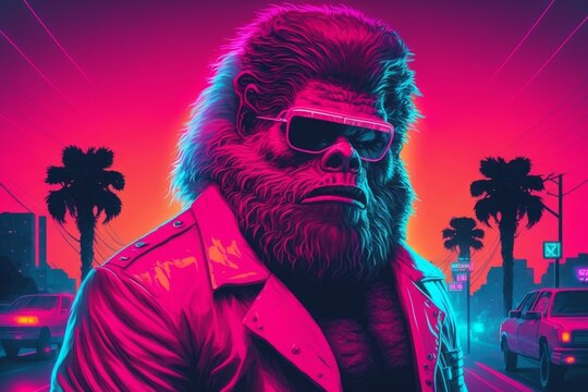 Synthwave Portrait of a Sasquatch dressed in a suit and sunglasses - Generative AI