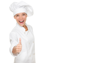 Chef woman - happy thumbs up. Smiling and cheerful female chef, cook or baker in uniform and hat isolated cutout PNG on transparent background.