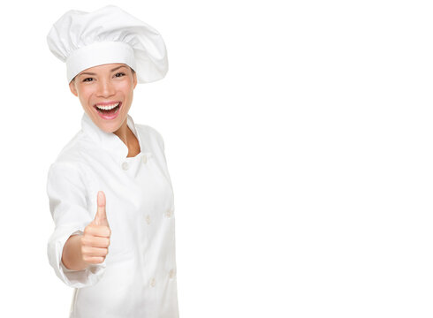 Chef woman - happy thumbs up. Smiling and cheerful female chef, cook or baker in uniform and hat isolated cutout PNG on transparent background.