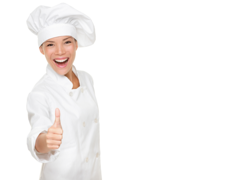 Chef woman - happy thumbs up. Smiling and cheerful female chef, cook or baker in uniform and hat isolated cutout PNG on transparent background.
