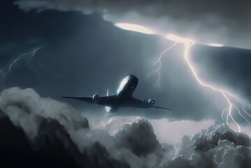Fototapeta premium airplane in the clouds with thunderstrome Generative AI