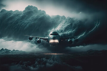 airplane in the clouds with thunderstrome Generative AI