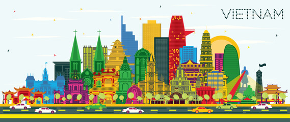Vietnam City Skyline with Color Buildings and Blue Sky. Vector Illustration. Tourism Concept with Historic Architecture.