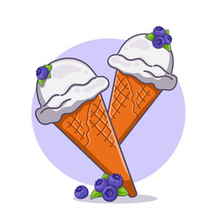 white, vanilla ice cream in a blueberry cone in cartoon style. Vector illustration with blueberry ice cream icon.
