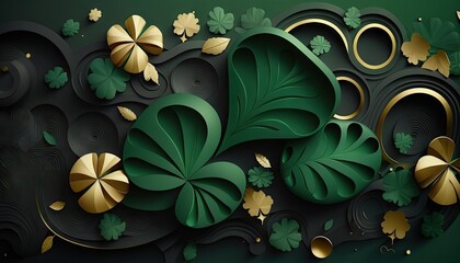Saint Patrick's Day Geometric Shapes with 3D shapes and designs. and Dark color palette : A Beautiful Unique Colorful and Bold 3D Rendering Wallpaper Template for Celebration (generative AI)