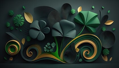 Saint Patrick's Day Geometric Shapes with 3D shapes and designs. and Dark color palette : A Beautiful Unique Colorful and Bold 3D Rendering Wallpaper Template for Celebration (generative AI)