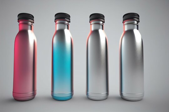 Sports Stainless Bottles. Bike Metal Reusable Drink Flask. 3d Realistic Mockup. Illustration Of Metallic Container Water For Sport Bike And Fitness Mockup Template. 3d Rendering. Generative AI