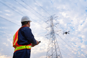 An electrical engineer or technician location use drone to fly inspections at the electric power...