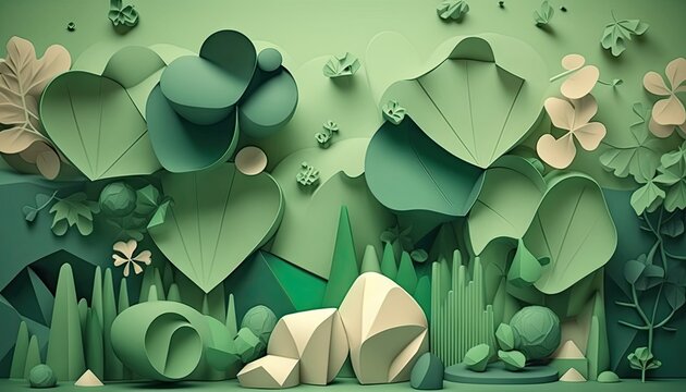 Fototapeta Saint Patrick's Day Geometric Shapes with 3D shapes and designs. and Soft color palette : A Beautiful Unique Colorful and Bold 3D Rendering Wallpaper Template for Celebration (generative AI)