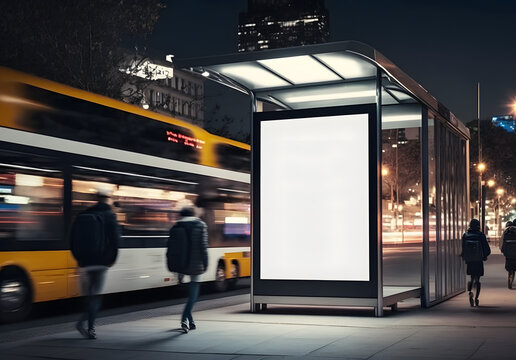 Blank white vertical digital billboard poster on city street bus stop sign at night, blurred urban background with skyscraper, people, mockup for advertisement, marketing