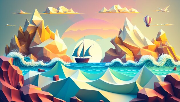 low poly sailboat travels between rock mountains in ocean illustration background.