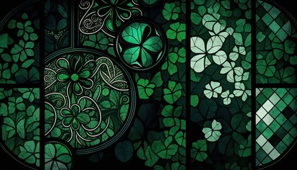 Saint Patrick's Day Geometric Shapes with Mosaic patterns and Dark color palette : A Beautiful Unique Colorful and Bold 3D Rendering Wallpaper Template for Celebration (generative AI)