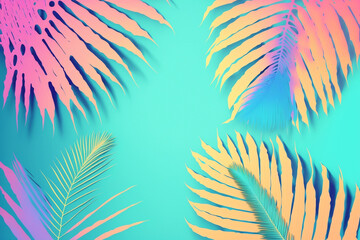 Fototapeta na wymiar Tropical neon, iridescent, green palm leaves, floral pattern background illustration with copy space